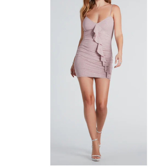 Windsor Mauve Sparkly Glitter Ruffle Sleeveless Fitted Mini Dress Sz Small (763) - Picture 3 of 10